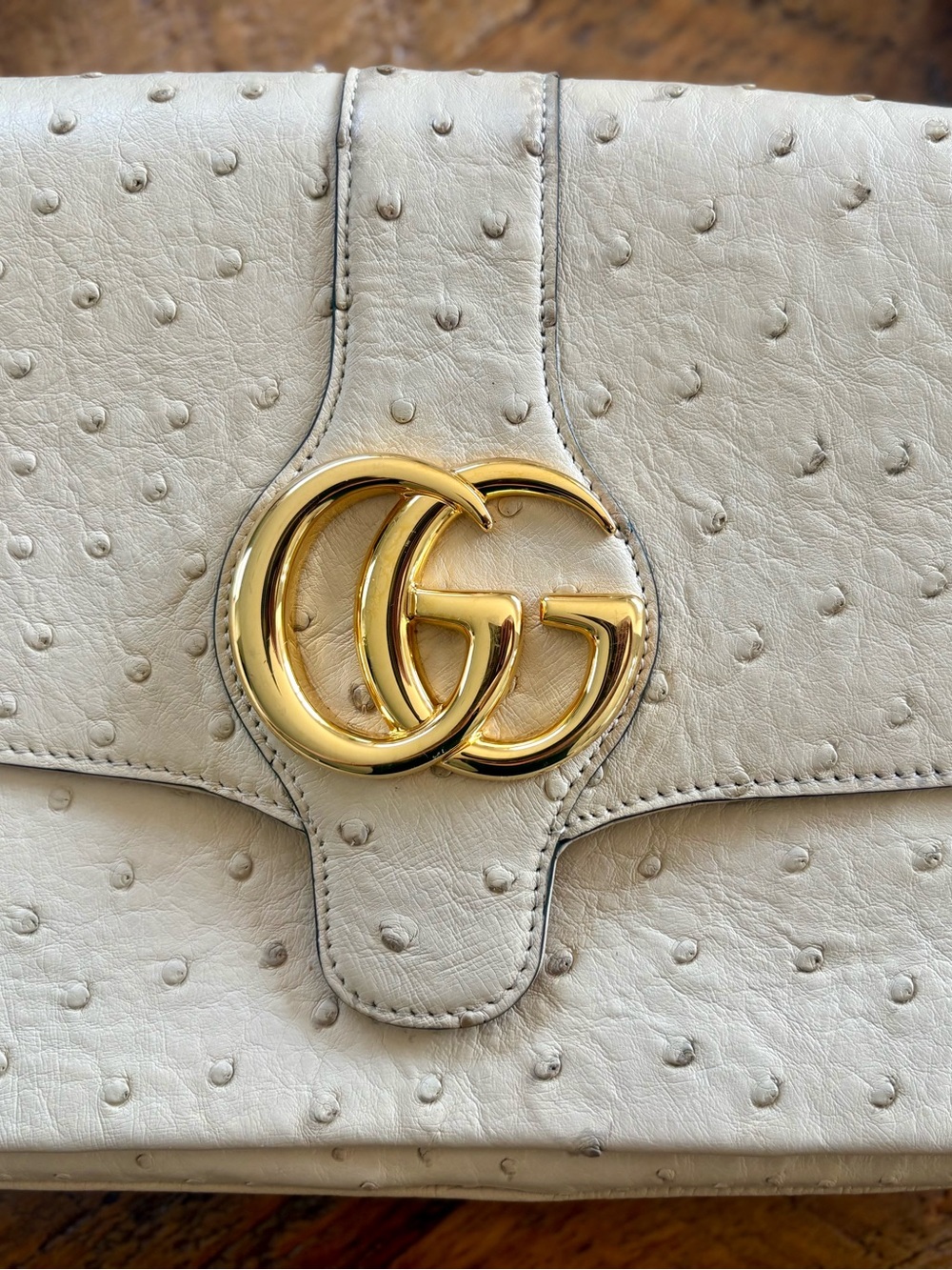 Gucci Ivory Ostrich-Embossed GG Shoulder Bag with Gold Hardware - Picture 15 of 16